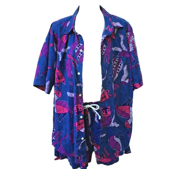 Shirt & Shorts SET Vintage 90s Cats Print Purple Pink Primitive Art Swim Beach M - Picture 1 of 11